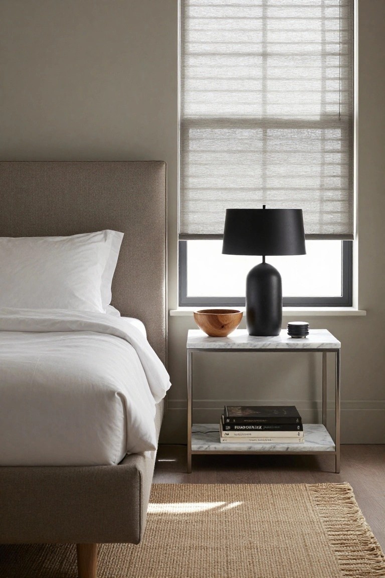 Modern bedroom with a bed, marble side table, black lamp, and neutral decor.