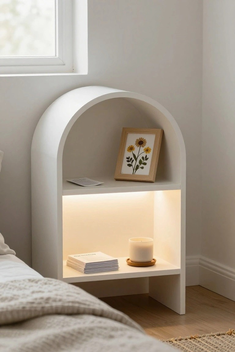 A white arched built-in bedside niche with two shelves, soft internal lighting, a framed floral print on the top shelf, and a lit candle with stacked books on the bottom shelf.