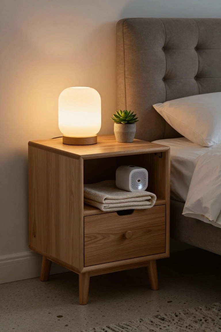 Wooden nightstand with glowing lamp, plant, speaker, and folded blanket.