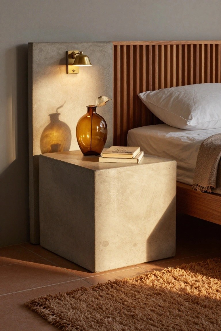 A large concrete cube nightstand with a glass vase and stacked books sits next to a wooden bed frame beneath a brass wall sconce.