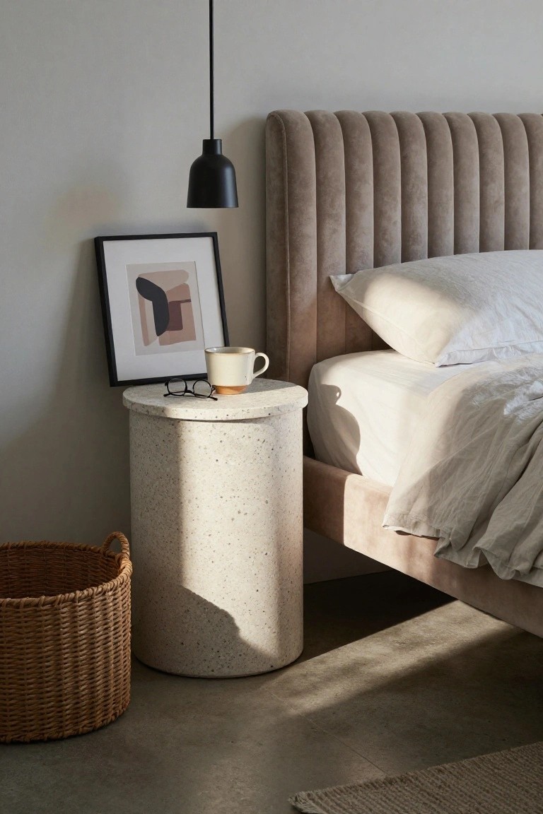 Minimalist bedroom with concrete nightstand, beige bed, and woven basket.
