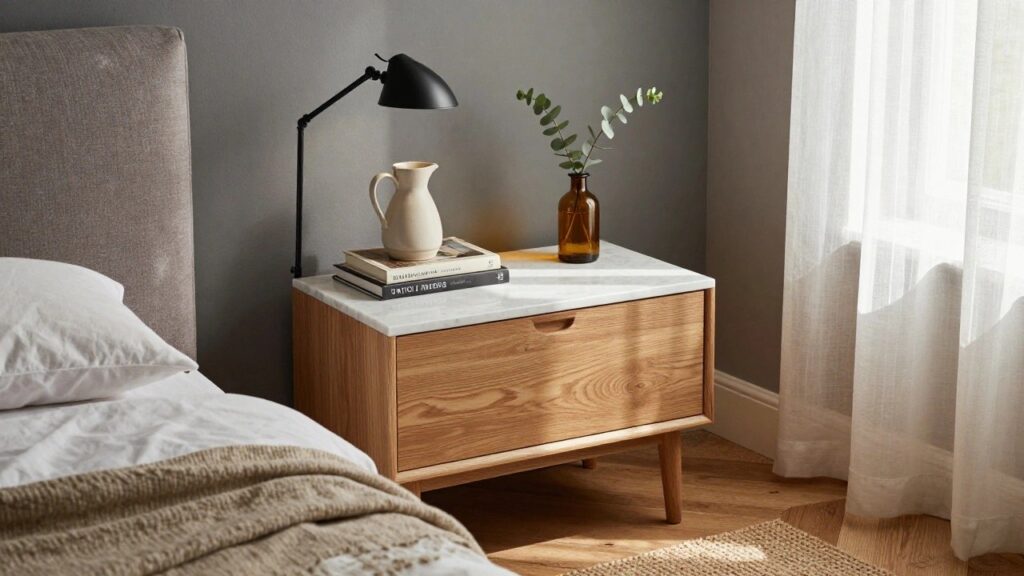 21 Sleek Modern Bedside Table Ideas For a Polished Look A wooden bedside table with a marble top holds a black lamp, a white pitcher, a brown glass vase with greenery, and books on the shelf and in the drawer.