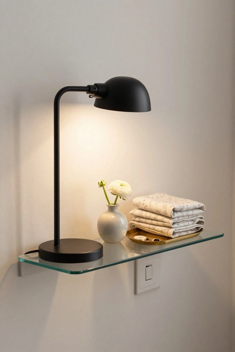 Black desk lamp and white vase with flower on glass shelf.