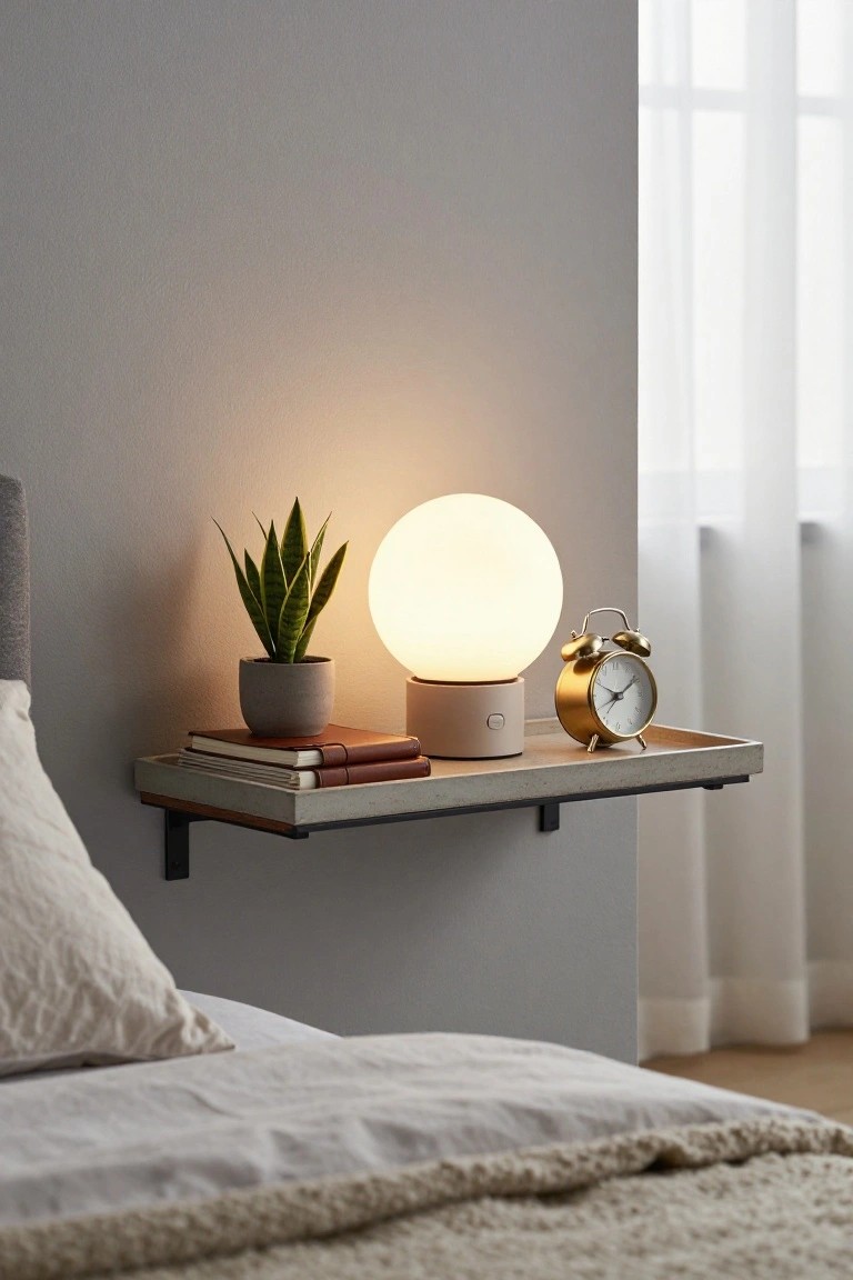 A glowing orb lamp, potted plant, brass alarm clock, and books on a floating shelf.