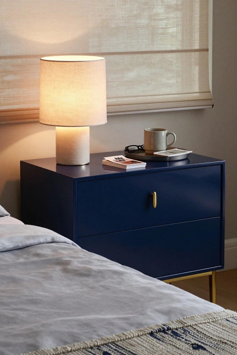 Navy nightstand with lit lamp, mug, glasses, and books.