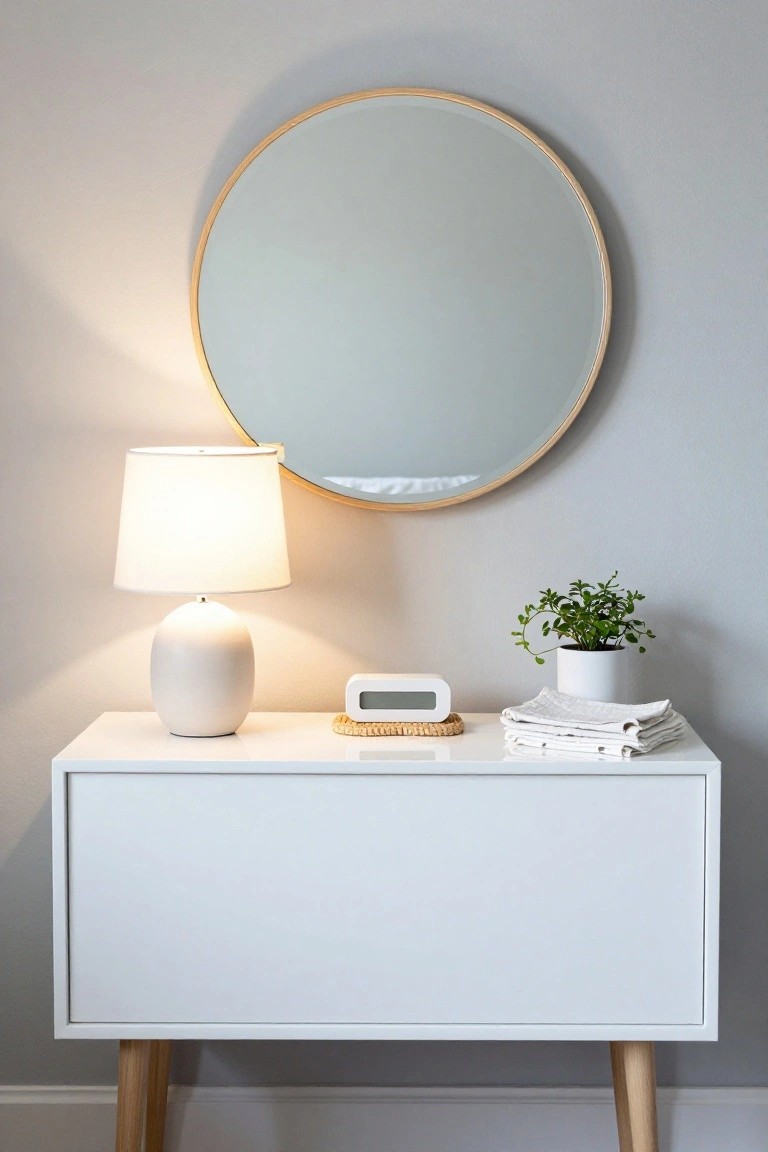 A white nightstand with wooden legs holds a lamp, digital clock, and potted plant beneath a round mirror on a light gray wall.
