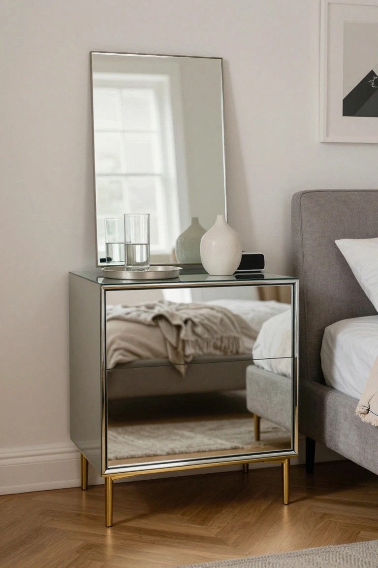 Mirrored nightstand with gold legs beside gray upholstered bed.