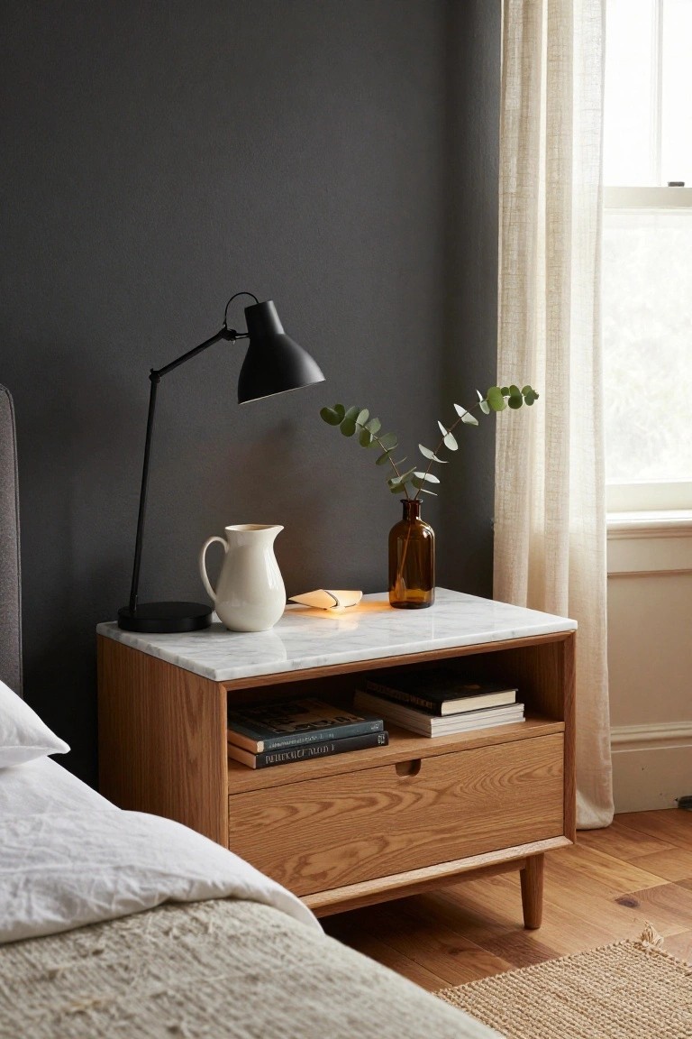 A wooden bedside table with a marble top holds a black lamp, a white pitcher, a brown glass vase with greenery, and books on the shelf and in the drawer.