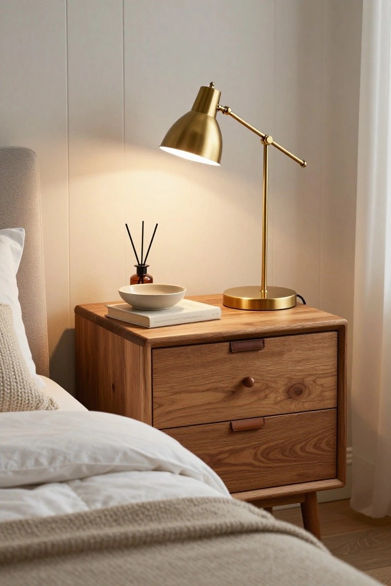 A wooden bedside table with two drawers next to a bed, topped with a brass lamp, a book, and a small bowl.