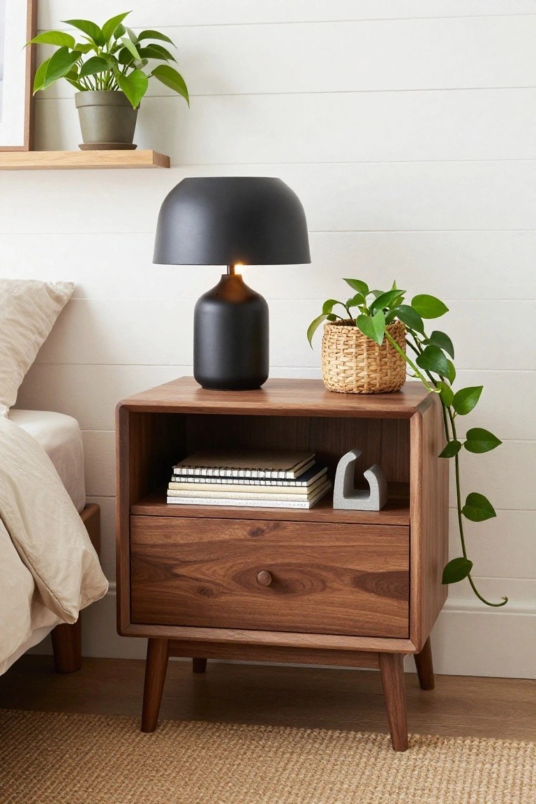 A wooden modern nightstand with a black dome lamp on top, an open cubby holding stacked notebooks and a small gray sculpture, and a closed drawer below.