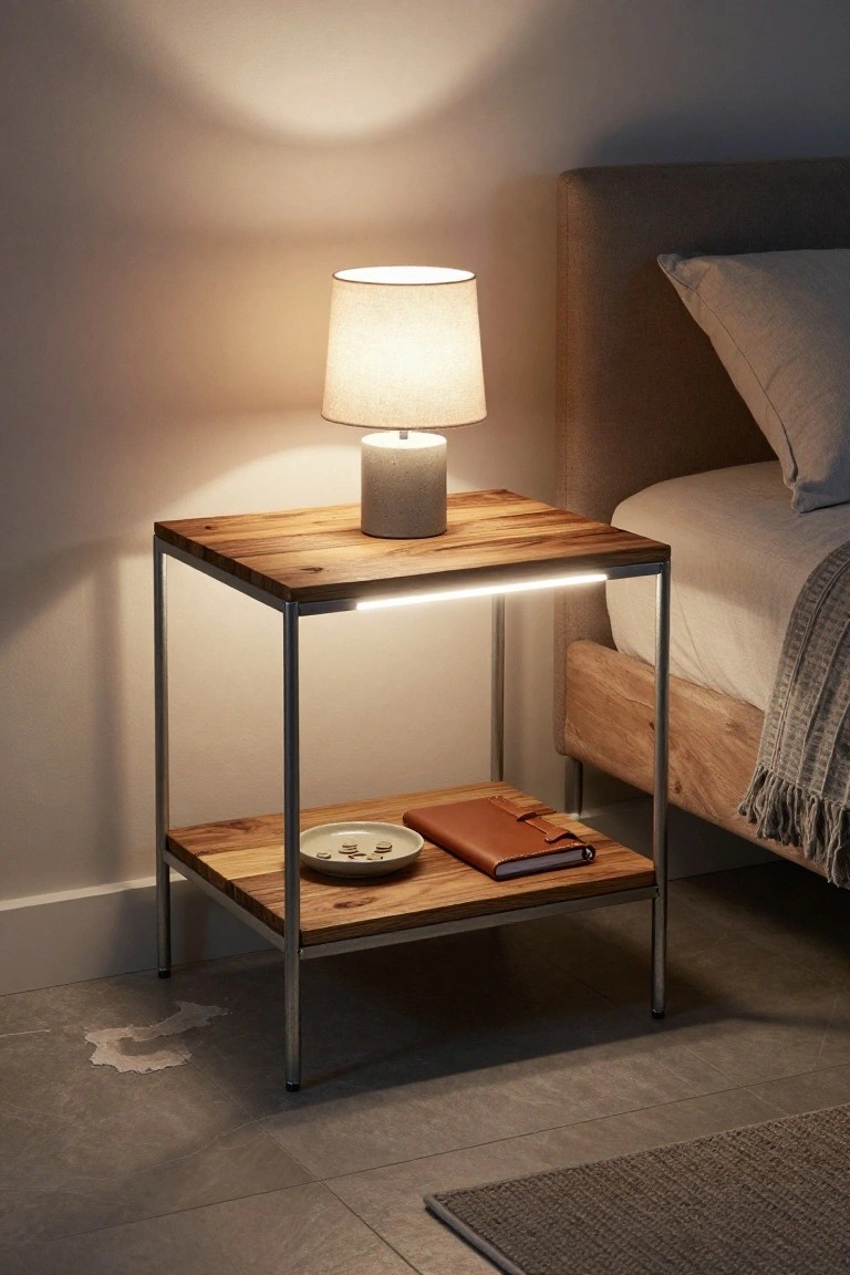 A modern bedside table with a wooden top, metal frame, and glowing LED light strip under the top shelf, shown next to a bed with a lamp, notebook, and small dish on the lower shelf.