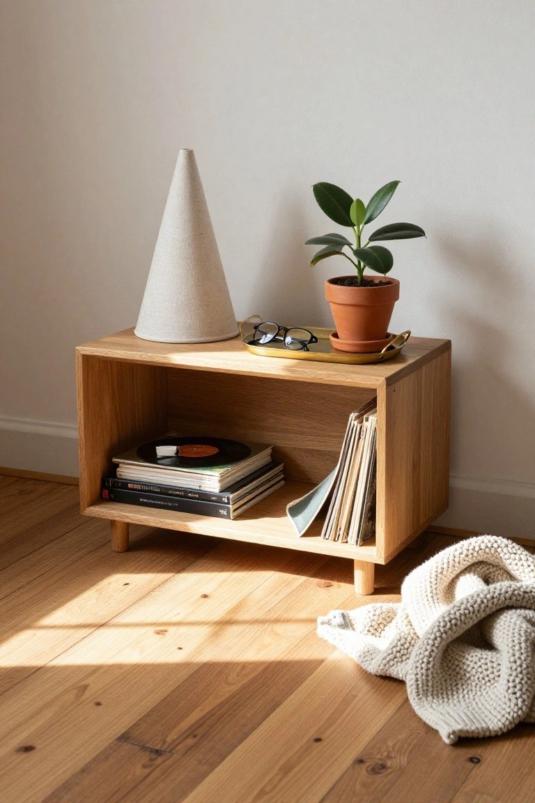 A low wooden bedside table with open lower storage filled with books and records, topped with a cone lamp and potted plant on a tray.