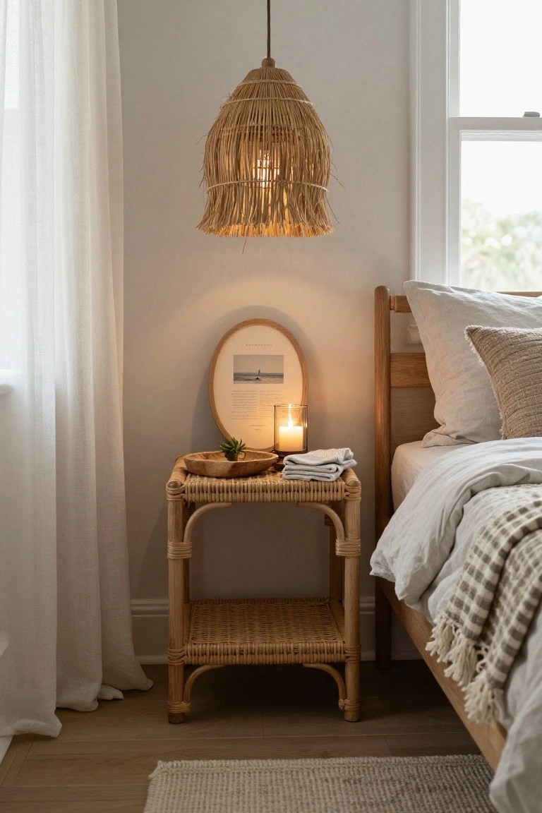 A light wood rattan bedside table with two woven shelves sits next to a bed in a neutral bedroom, topped with a small wooden bowl, folded cloth, and a lit candle beneath a woven pendant lamp.