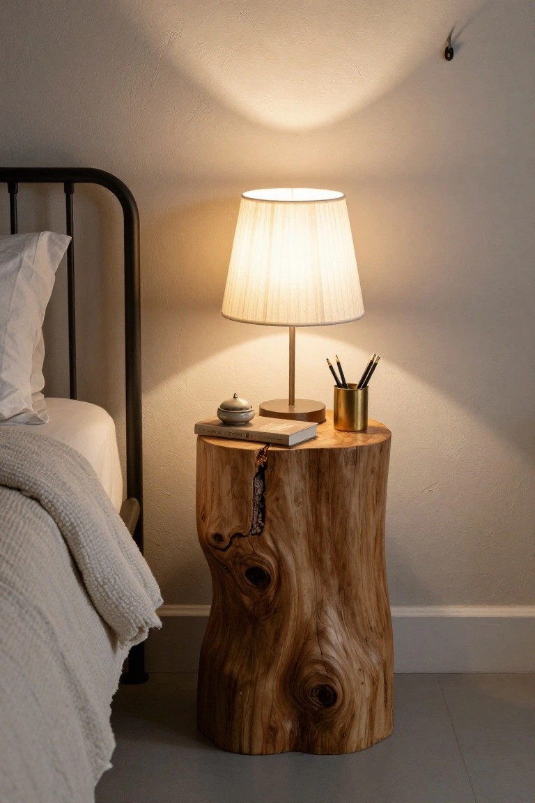A wooden tree stump bedside table next to a bed, holding a lit lamp, a small book, and a cup of pencils.