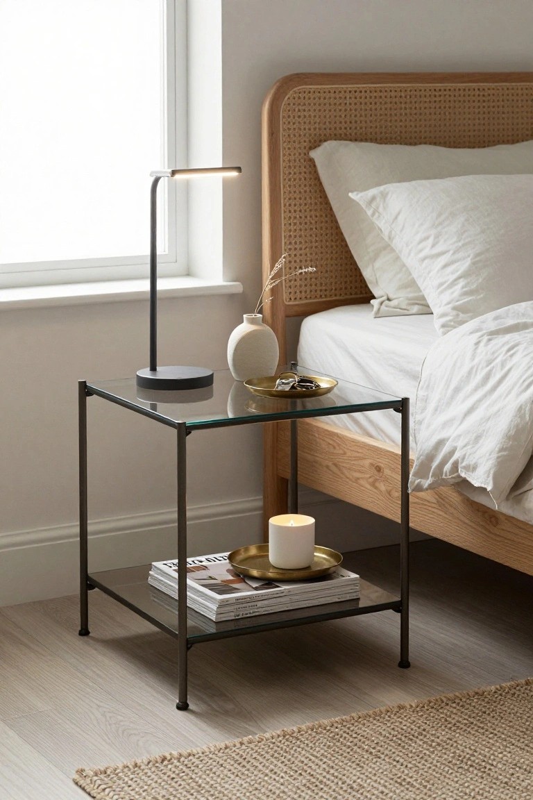 A modern bedroom nightstand with a glass top and lower shelf holding a black lamp, a white vase, magazines, and a lit candle.