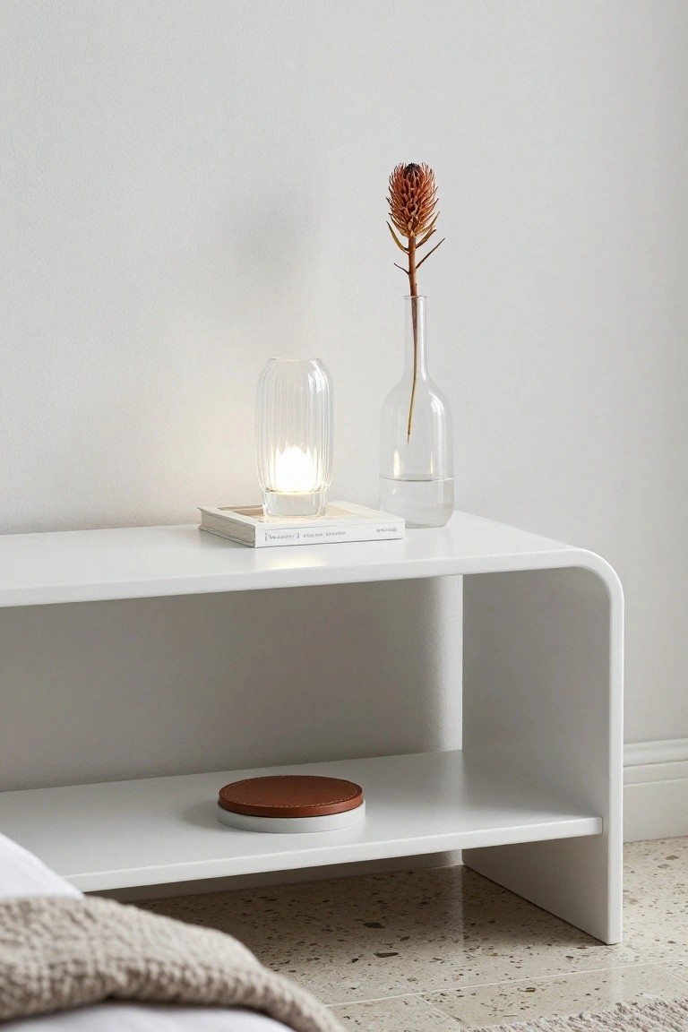 Minimalist white nightstand with lit lamp, vase, book, and leather tray.