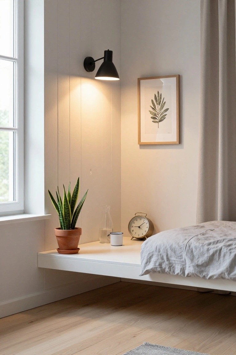 A white floating ledge runs along the wall beneath a window, holding a potted plant, glass carafe, mug, and alarm clock next to a bed with light gray bedding.