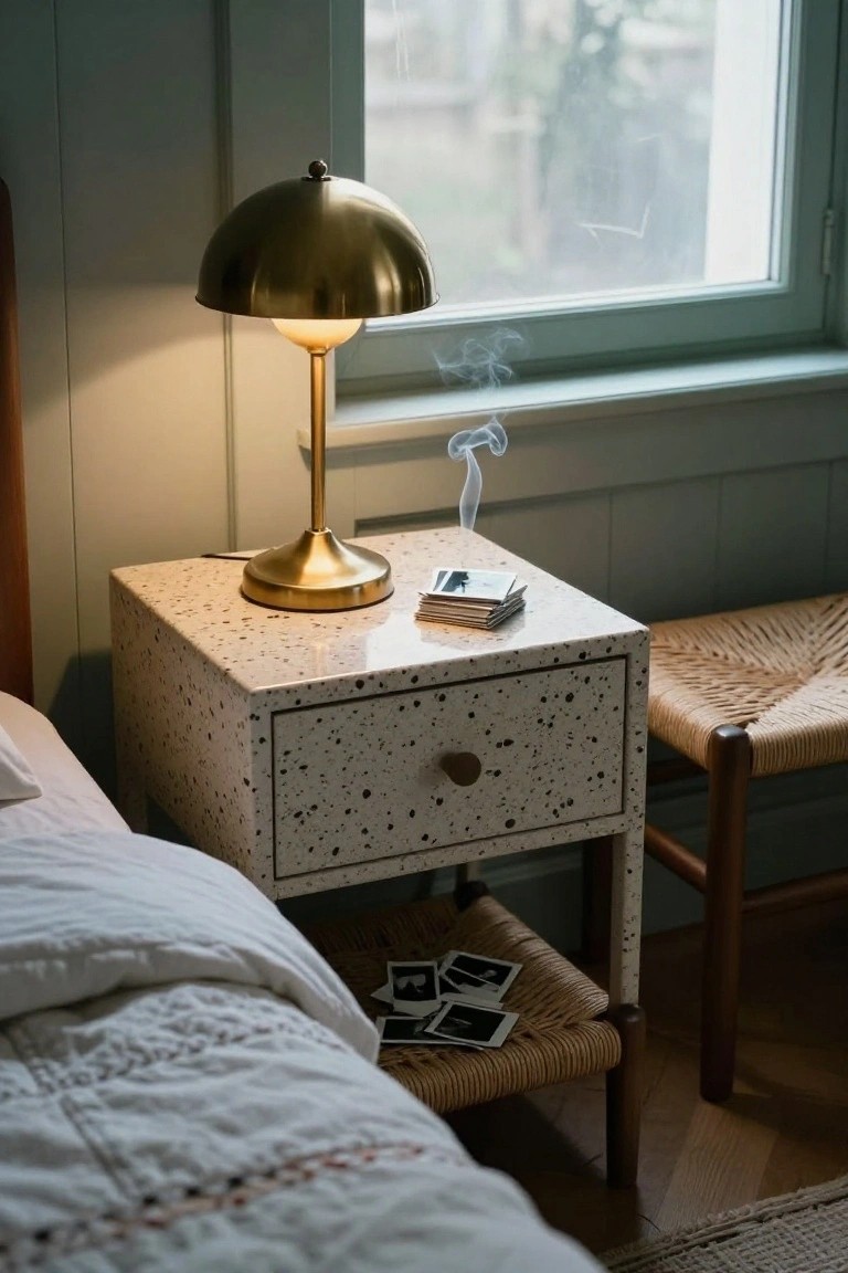 Brass lamp glowing on speckled nightstand with Polaroids and wicker stool.