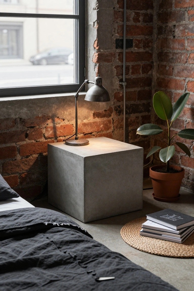 A gray concrete cube bedside table with a metal lamp sits next to a bed with dark bedding in a room with exposed brick walls.