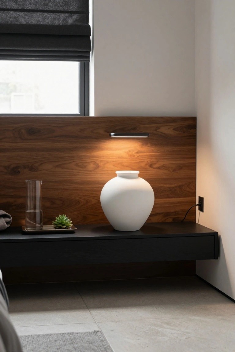 A bedroom view showing a dark floating shelf mounted below a wood accent wall, with a white vase, glass carafe, and small plant on the surface.