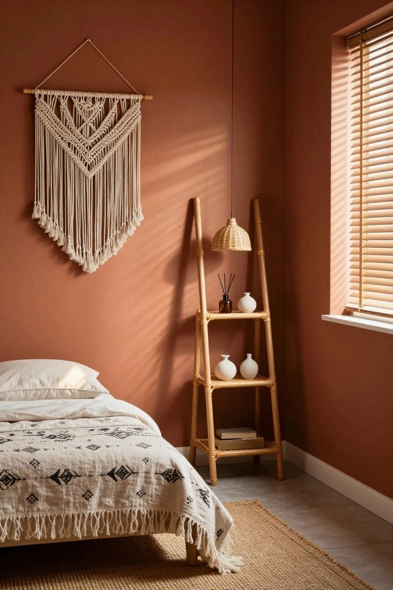 A bedroom with terracotta walls shows a bed covered in white bedding and a fringed throw, a macrame wall hanging, and a tall wooden ladder shelf holding vases, a reed diffuser, and books next to a window with blinds.