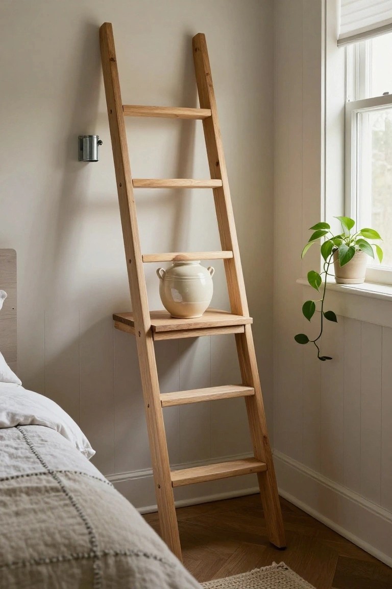 Wooden ladder shelf with ceramic vase in bright bedroom corner.