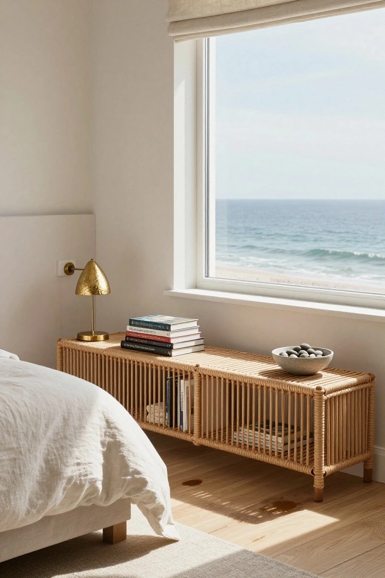 A bedroom with a bed next to a long rattan console table under a large window, holding stacked books, a lamp, and a bowl.