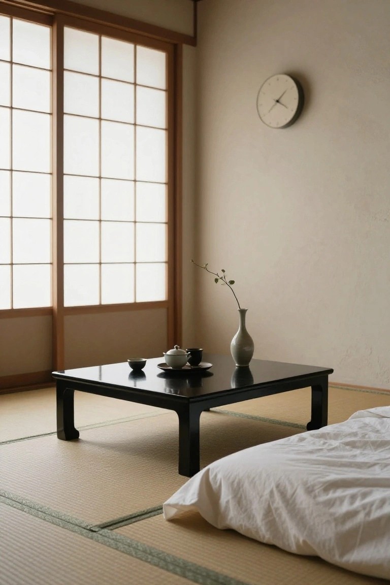 Japanese room with black table, tea set, vase, clock, and tatami mats.