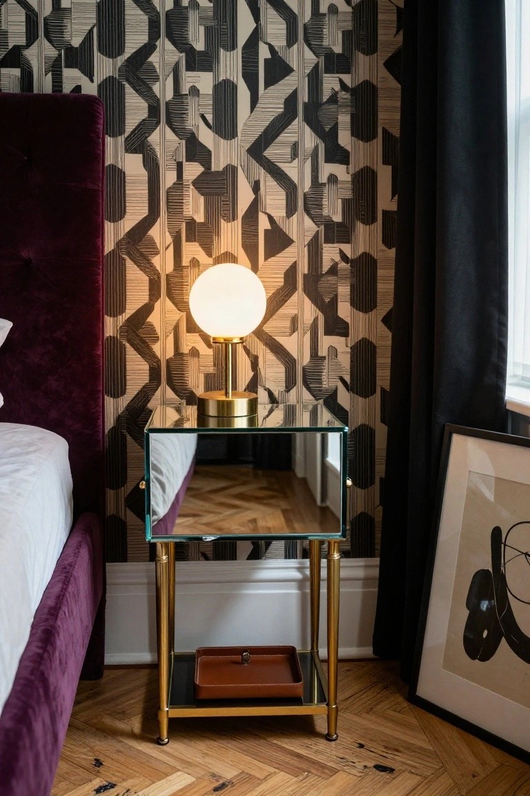 Glass nightstand with glowing lamp beside purple velvet bed.