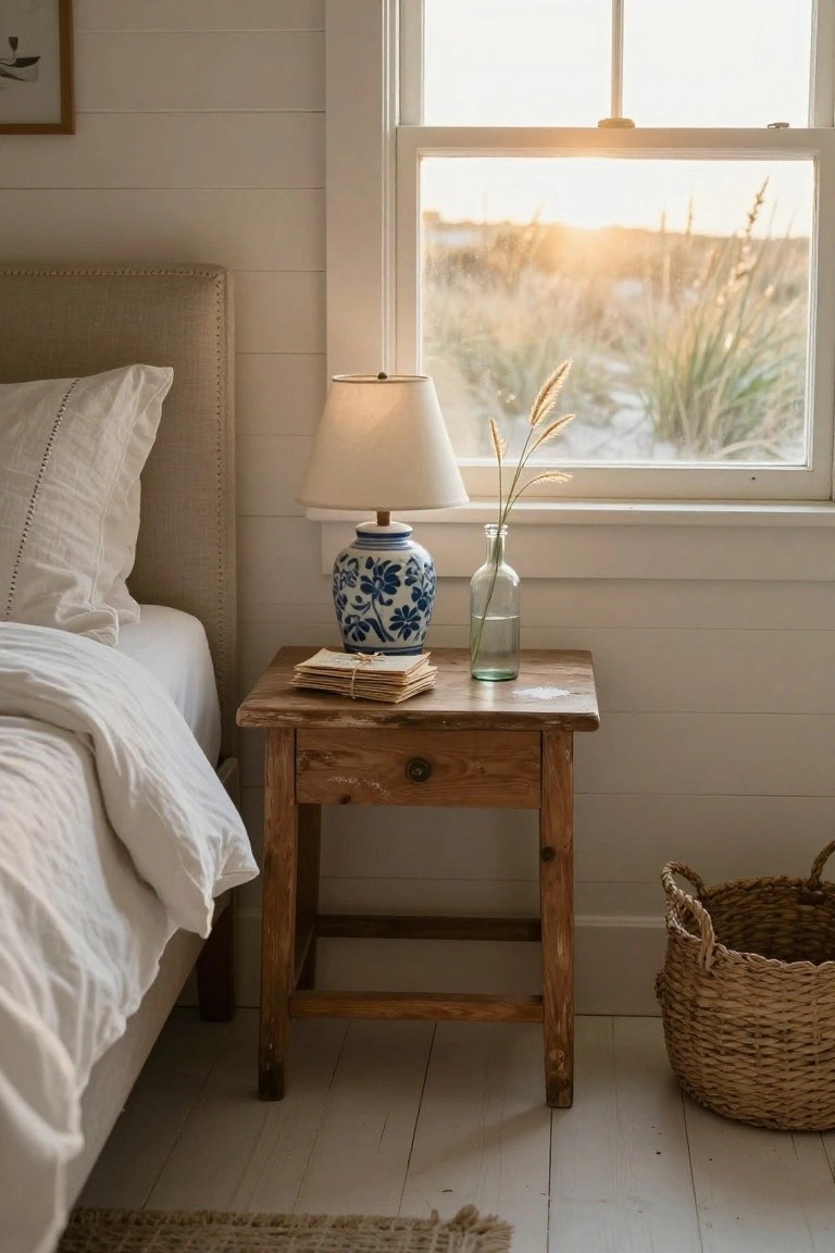 A narrow wooden bedside table with one drawer sits next to a bed with white bedding, holding a blue and white ceramic lamp and a glass vase with dried stems.