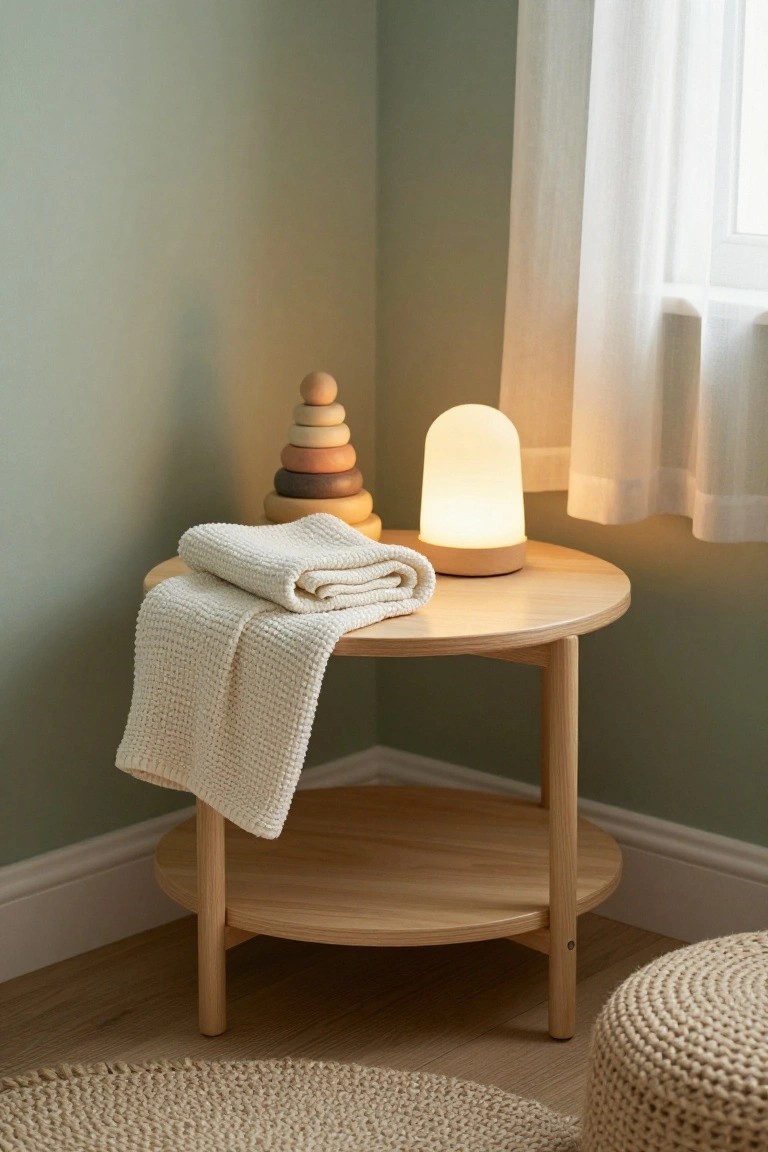 A light wood round side table with a lower shelf holds a glowing lamp, a folded blanket, and a wooden stacking toy in a softly lit room corner.