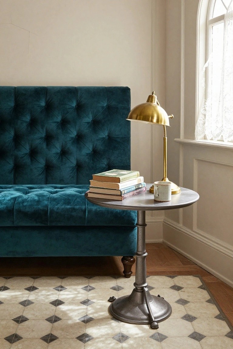 Teal velvet sofa with books, brass lamp on round metal table.
