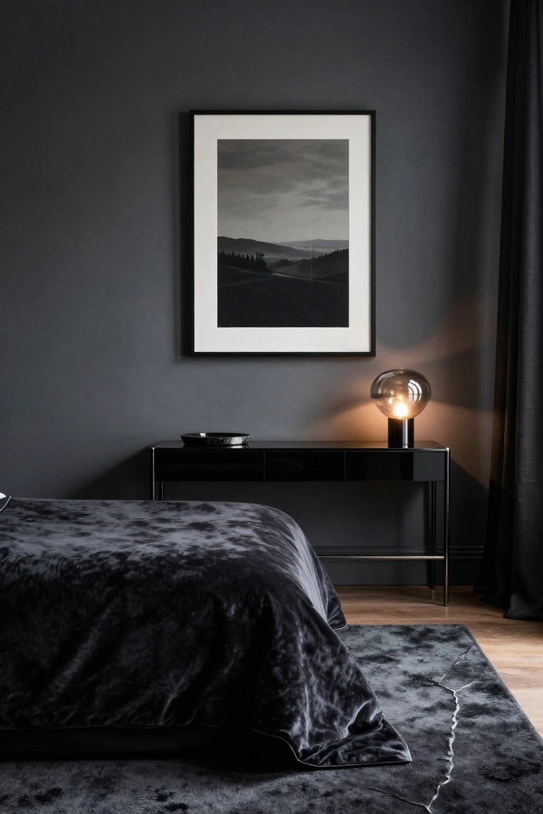 Dark bedroom with black bed, console, glowing lamp, and framed landscape art.