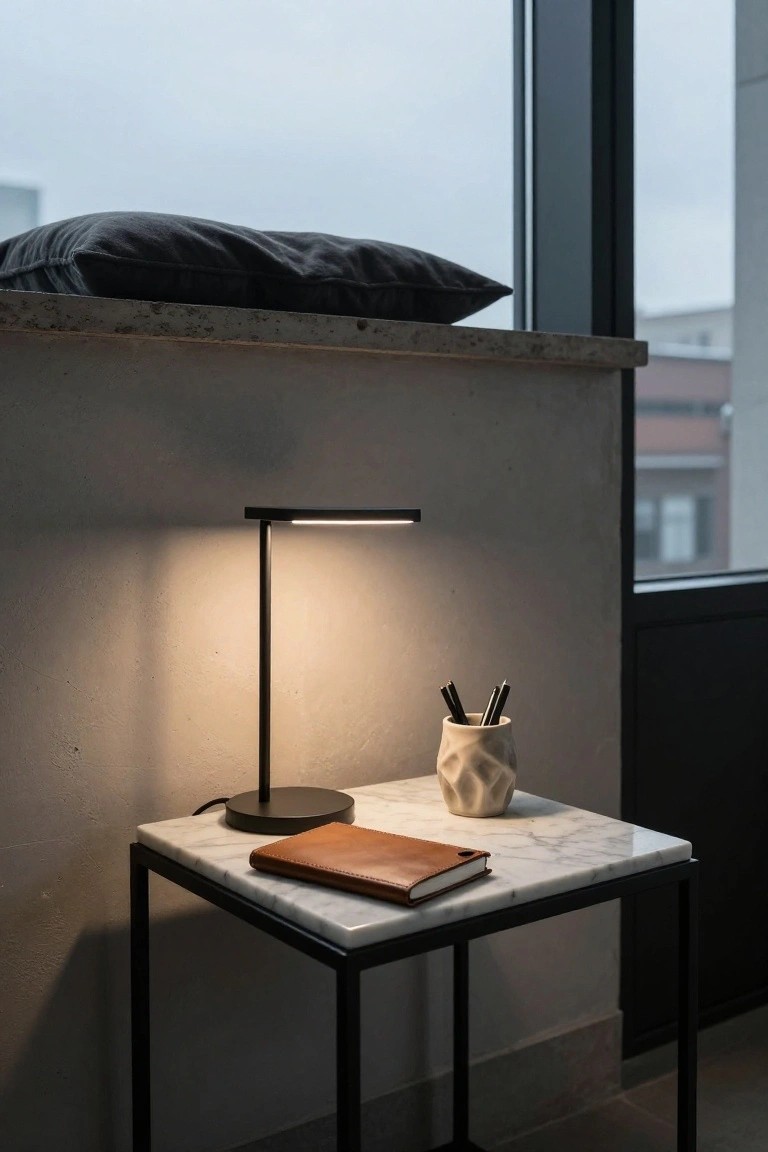 Modern black desk lamp and notebook on marble table by window.