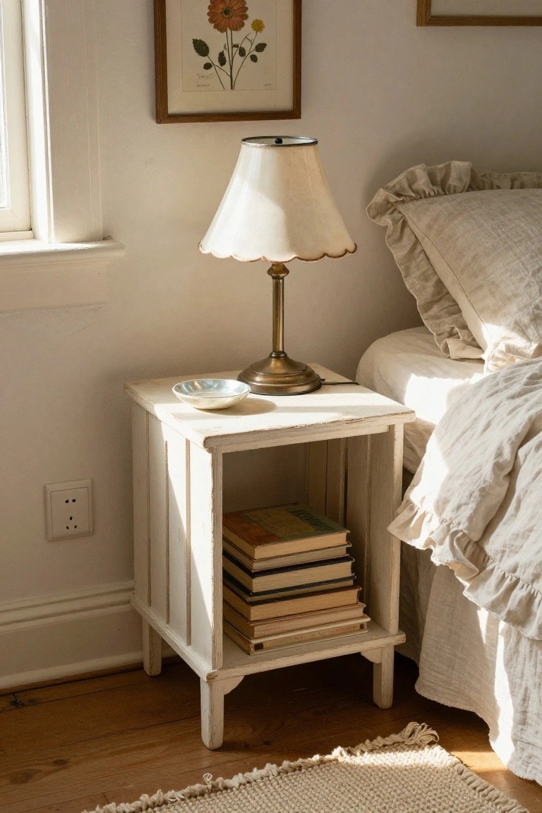 Distressed white nightstand with lamp, books, and bowl beside bed.