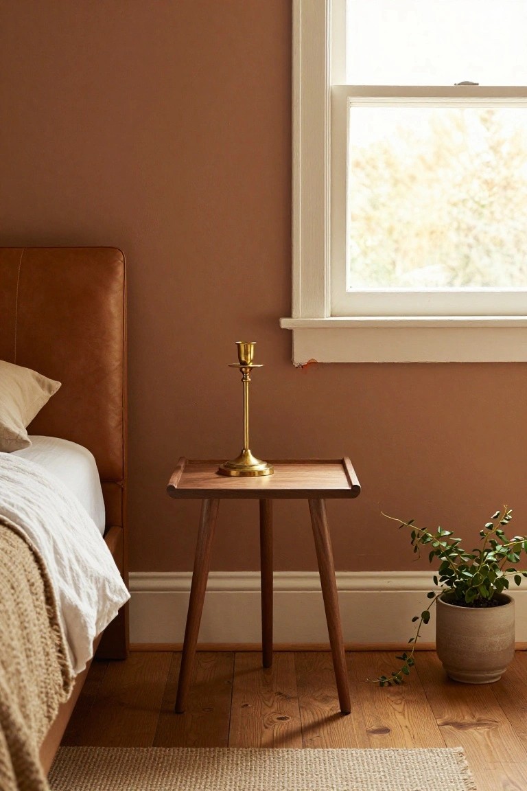 A wooden side table with a brass candlestick beside a bed in a terracotta room.