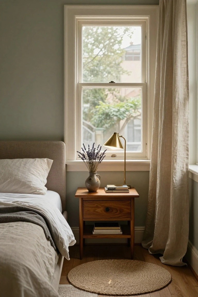 Cozy bedroom with wooden nightstand, brass lamp, lavender, and window light.