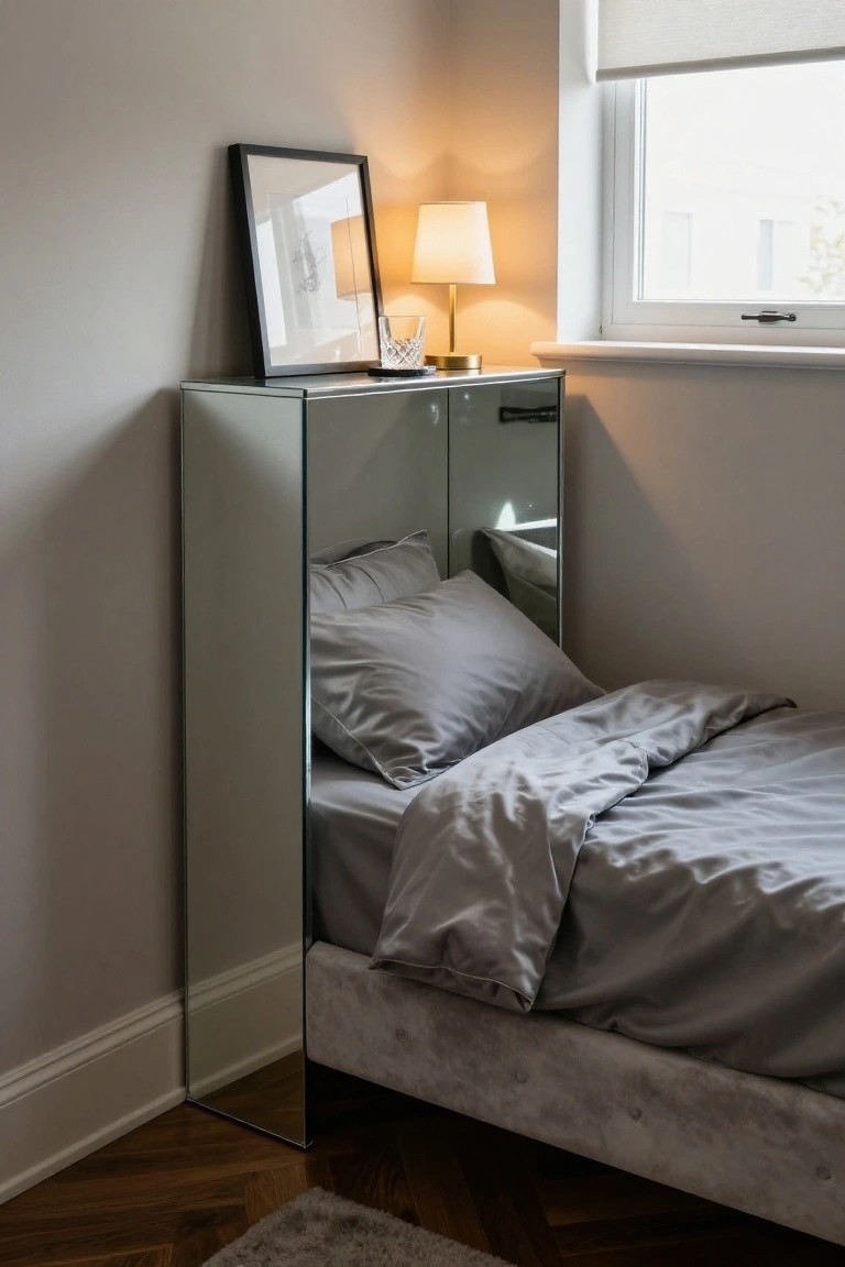 Mirrored nightstand with lamp, framed art, and bed with gray bedding.