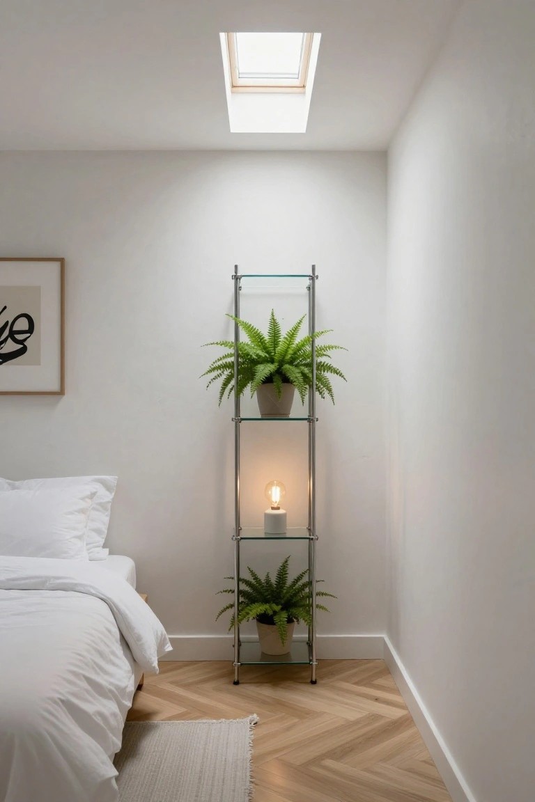 Minimalist bedroom with white bedding, glass plant shelves, and skylight.