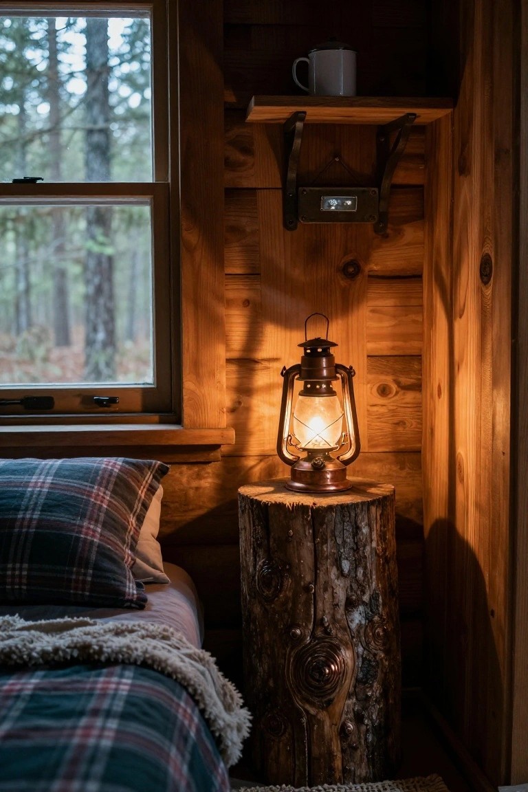 A lit lantern sits on a wooden tree stump beside a bed in a log cabin bedroom.