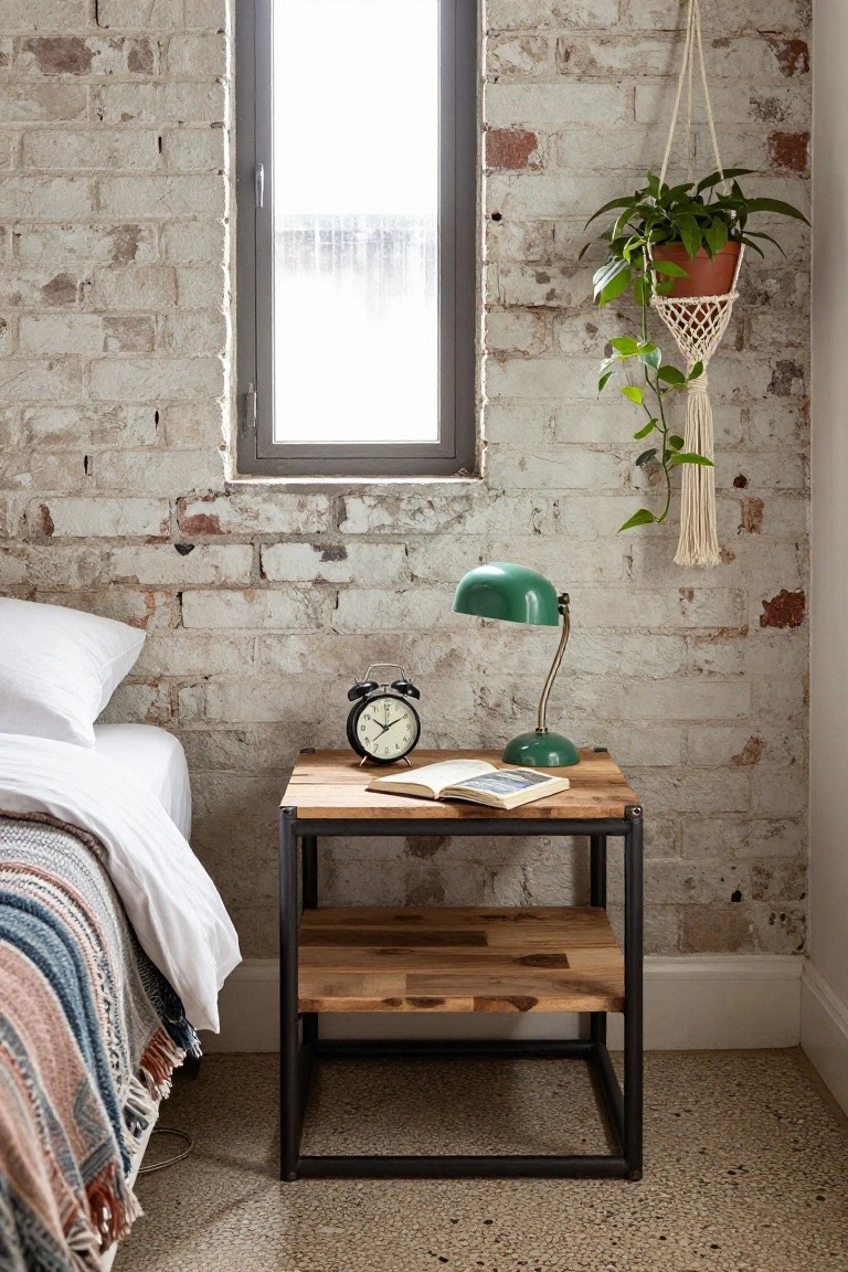 Bedside table with green lamp, clock, book against exposed brick wall.