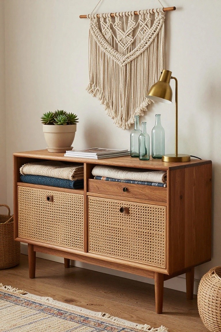 A wooden sideboard with woven cane doors has folded textiles visible inside and holds books, a potted plant, glass bottles, and a lamp on top.