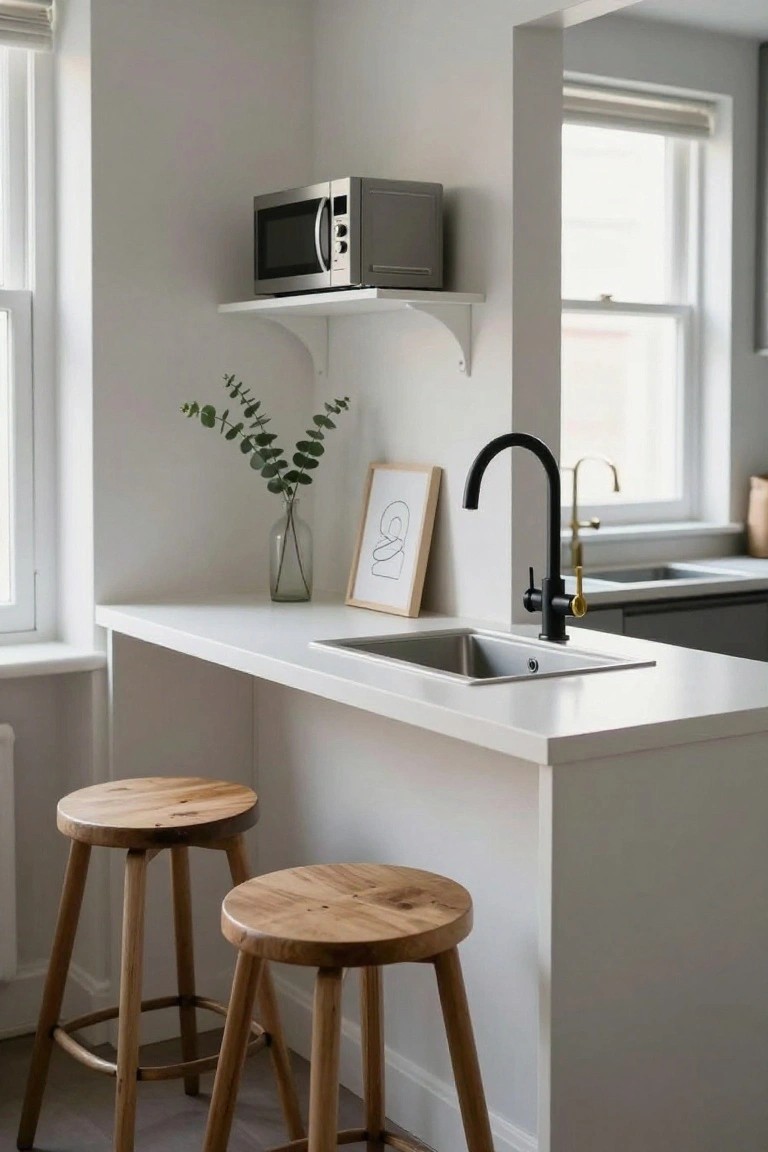 A bright kitchen corner with a white countertop island, black faucet, two wooden stools, a vase with greenery, a small framed print, and a microwave on a floating shelf.