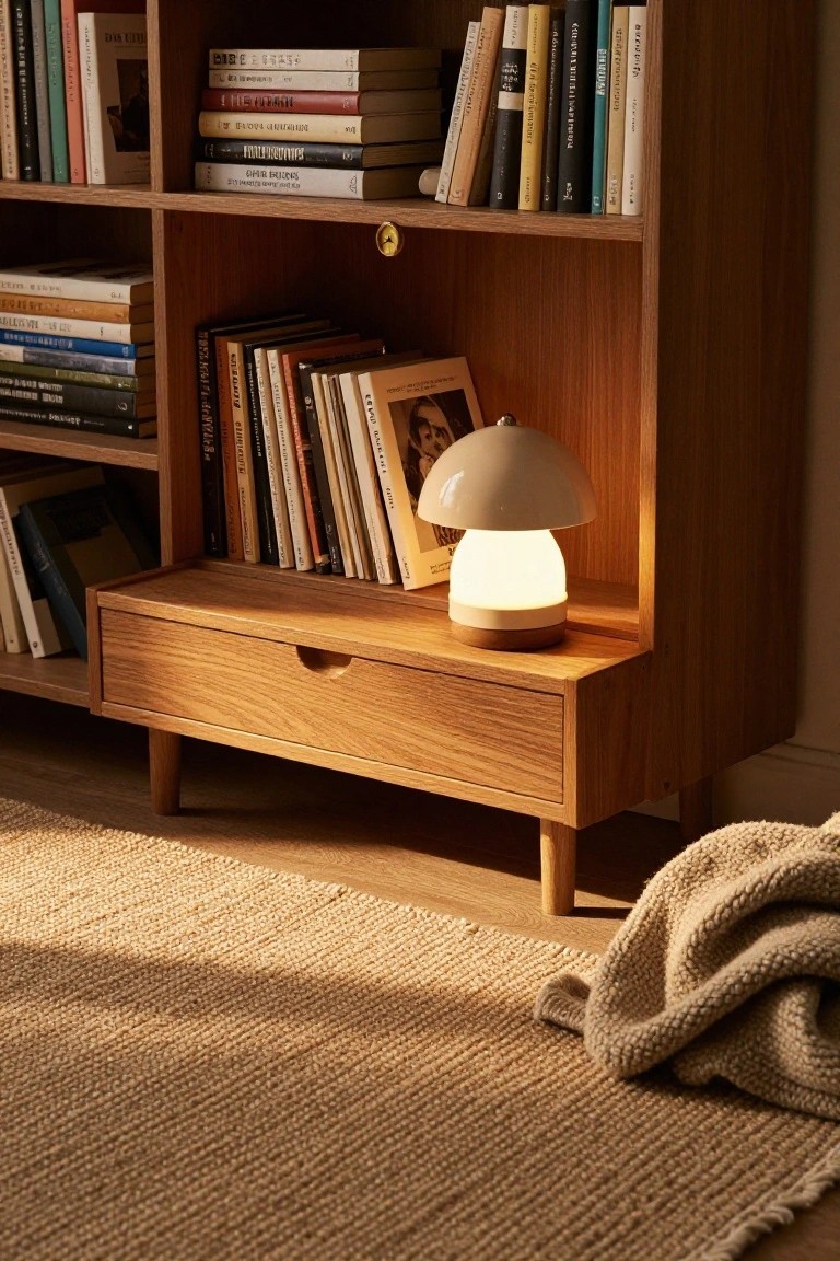 Wooden bookshelf with glowing lamp, books, and woven rug.