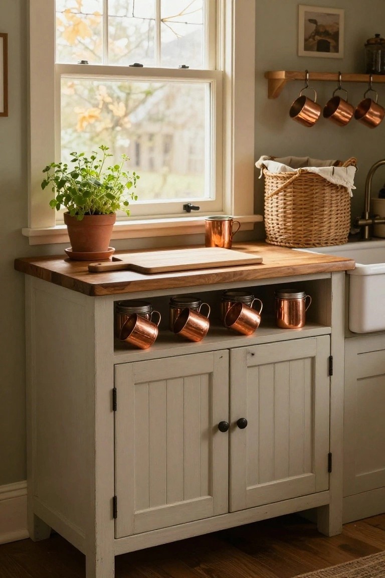 A light gray sideboard with a wood top has open lower compartments holding copper mugs and two closed cabinet doors in the center.