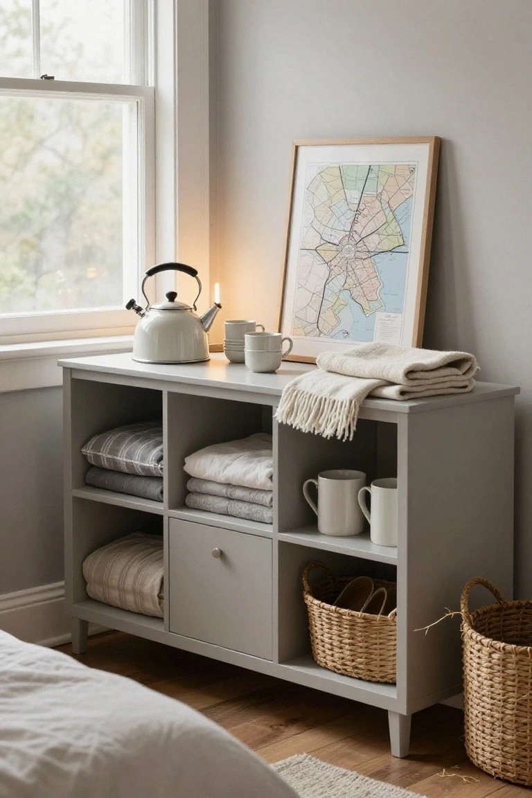 A gray sideboard with open cubbies holding folded textiles and woven baskets, one closed cabinet door, and assorted items on top including a kettle, mugs, and a blanket, placed beside a window with a framed map leaning against the wall.