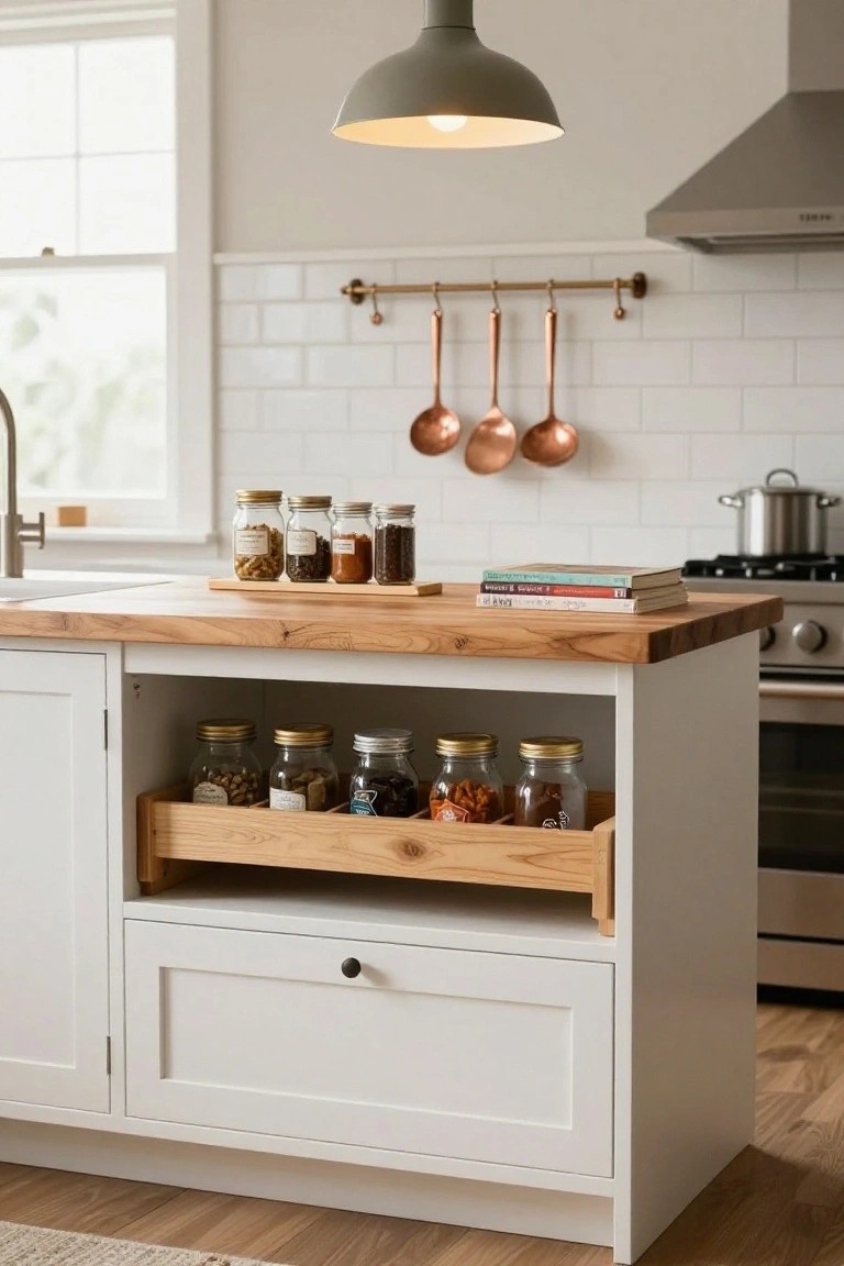 Modern kitchen island with pull-out spice rack and copper utensils.