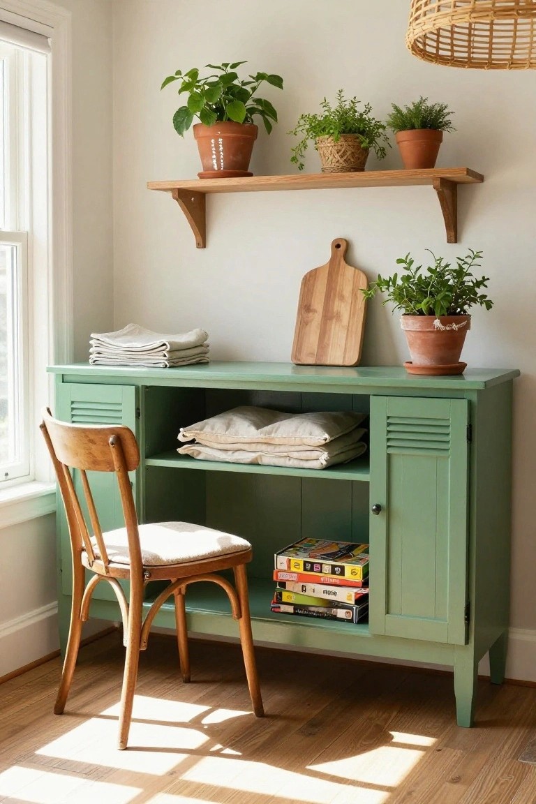 Mint-green sideboard with open shelves, plants, books, and wooden chair.