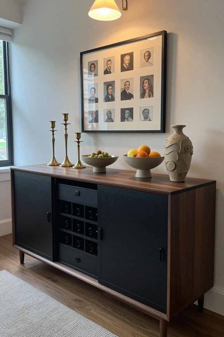 A dark sideboard with wood top, cabinet doors, drawers, and visible wine bottle racks, styled with bowls, candlesticks, and a vase.