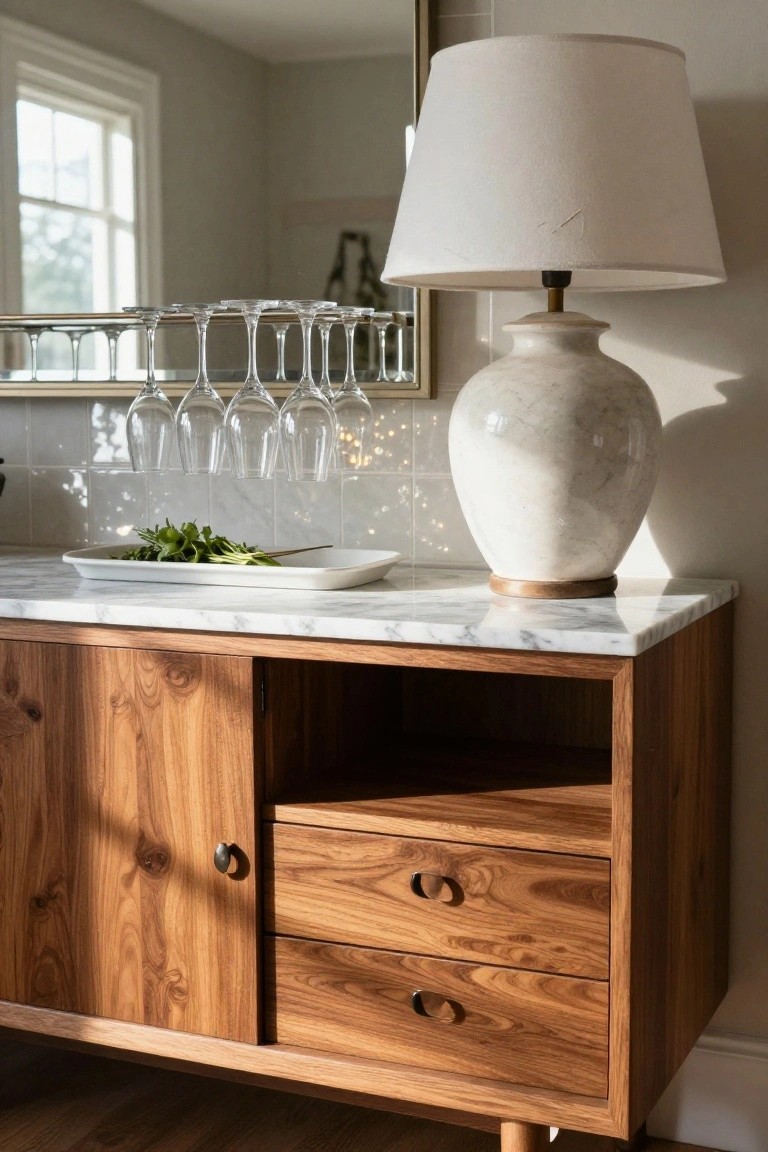 A wooden sideboard with a marble top, two drawers, and a cabinet door holds a lamp and a white dish, with hanging wine glasses visible in the background.